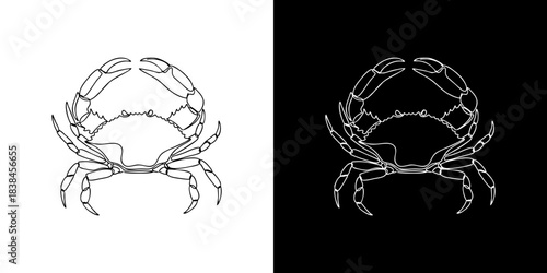 Striking minimalist crab outline vector illustration in a versatile black and white design, ideal for modern seafood branding, marine life logos, and diverse graphic design elements