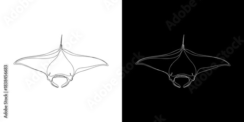 Minimalist line art illustration of a manta ray in black and white, showcasing its graceful underwater silhouette
