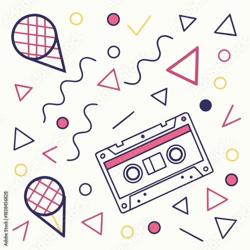 Retro 90s Pop Art Music Pattern Vector | Cassette Tape and Microphone Background