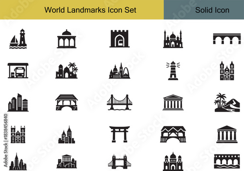 World Landmarks Icon Set | Lighthouse, Pavilion, Fortress Gate, Mosque, Aqueduct, Cathedral, Cityscape, Bridge, Torii Gate, Temple, Tropical Landscape, Tower Bridge Icons