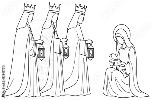 Three Wise Kings Men Magi Nativity Scene Line Art Illustration Vector Drawing of Mary and Baby Jesus for Christmas Holiday Coloring Book Page.