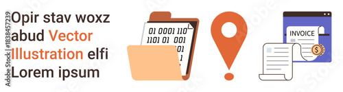 File organization, data coding, invoicing, location tracking, digital workflow, business documentation. An open folder, binary code location pin and invoice graphic. File organization and data