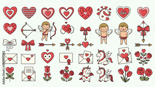 Discover a charming Valentine’s Day doodle set. hand‑drawn hearts, love icons, romantic elements, Valentine’s Day illustrations.