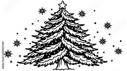 Very beautiful decorated evergreen pine tree covered in sparkling frost, gentle snowfall drifting around, capturing a quiet winter celebration feel with soft glowing lights and elegant seasonal decora