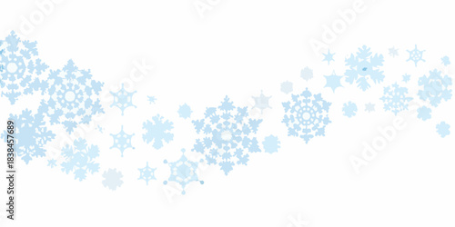 A delicate flowing pattern of light blue snowflakes on a white background