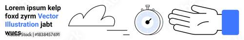 Time management, efficiency, service industry, data transfer, workflow, technology. Minimalist cloud, stopwatch and hand design. Time management and efficiency conceptual visuals