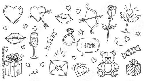 Discover a charming Valentine’s Day doodle set. hand‑drawn hearts, love icons, romantic elements, Valentine’s Day illustrations.