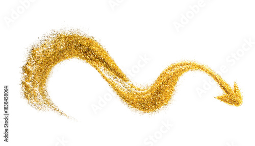 Swirl of gold glitter on black, arrow-like. Textured, sparkly design, elegant