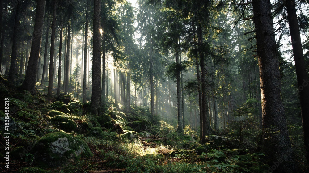 Obraz premium Forest Sunbeams: Tall Trees, Mossy Rocks, Nature Light 