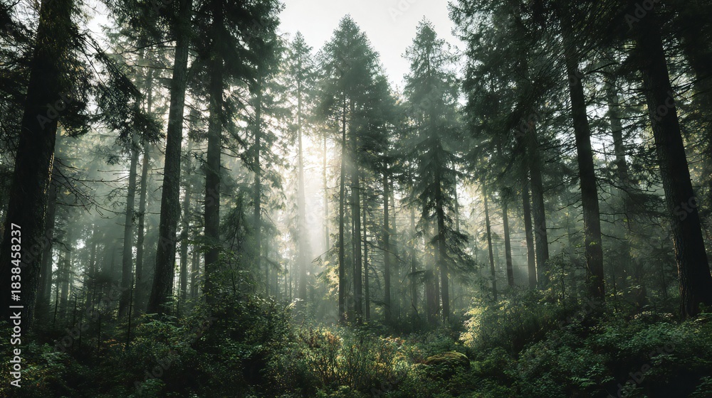 Naklejka premium Sunlight Rays in Misty Forest Woods - Nature Landscape 