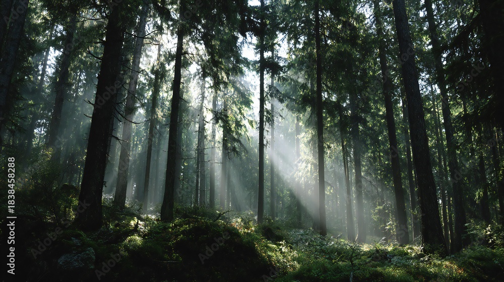 Obraz premium Forest Sunbeams: Nature's Light Through Deep Woods