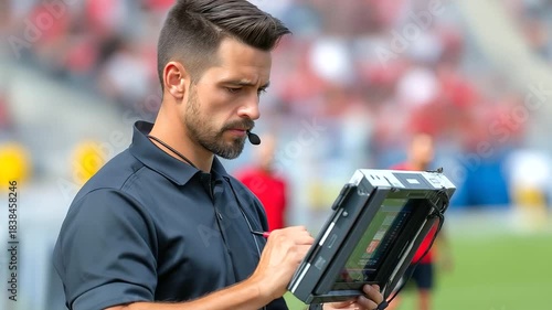 Referee checking VAR monitor, focused posture, tech reflections, tense atmosphere, blurred background with copy space