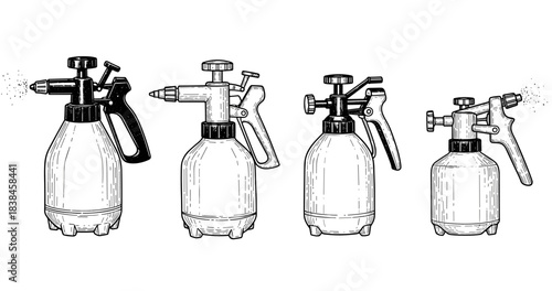 Set of handheld garden sprayers in black and white line art illustration