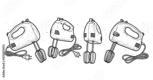 Vintage hand mixers art — retro kitchen appliances illustration with electric cords