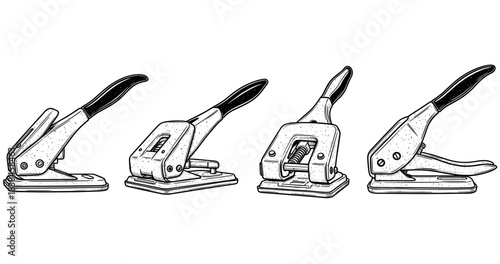 Set of different hole punchers in detailed black and white illustration
