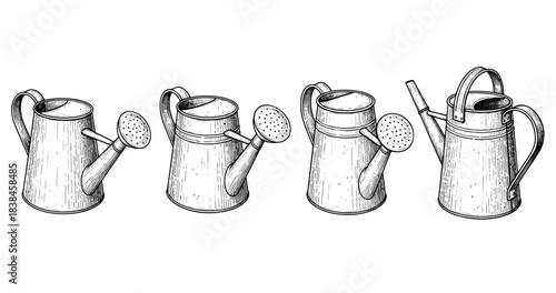 Vintage engraved watering cans collection on white background