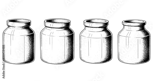 Set of four vintage glass jars with lids in black and white sketch style