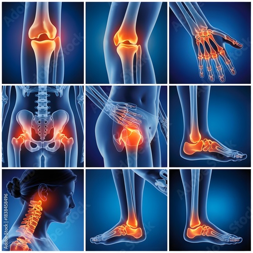 Human skeleton with visible joints and bones on blue background collage