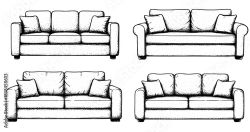 Vintage sofa illustrations: 4 black and white couch designs with cushions