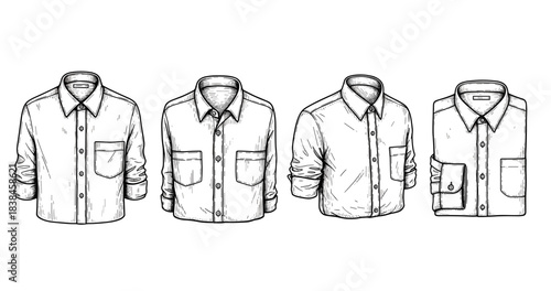Hand-drawn sketch of four casual button-up shirts in different styles