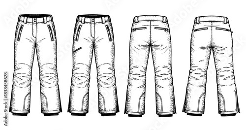 Black and white technical drawing of ski pants from front and back