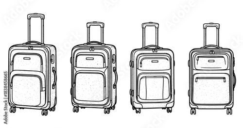 Detailed line art of four wheeled suitcases in different angles