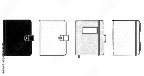 Vector art of four closed notebooks with straps and labels viewed from different angles