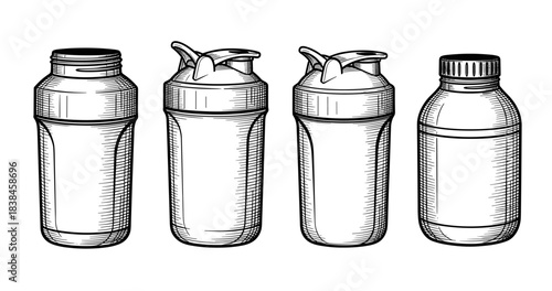 Hand-drawn black and white shaker bottles and drink containers
