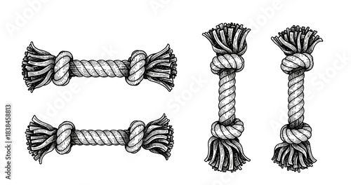Set of four black and white knotted rope toys for pets