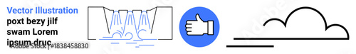 Environmental conservation, feedback, cloud computing, abstract art, minimalistic design, communication. Stylized waterfall, thumbs-up circle linear cloud shape. Environmental conservation