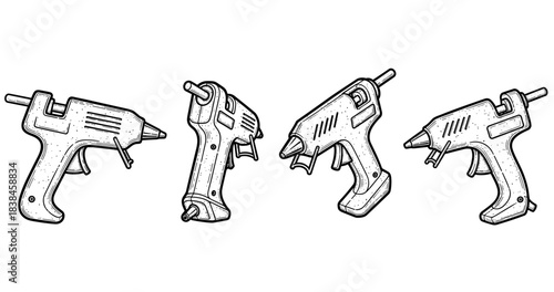 Set of four hand-drawn glue guns in various angles