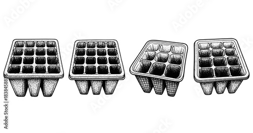 Set of four hand-drawn ice cube trays with multiple compartments