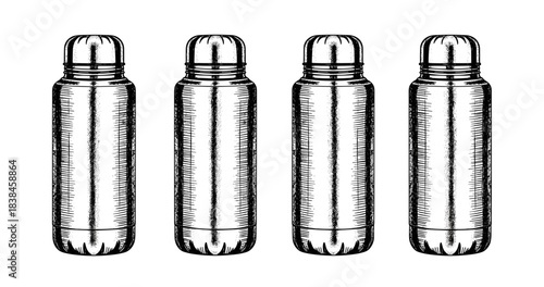 Vintage hand-drawn sketch of four metal thermos bottles in a row