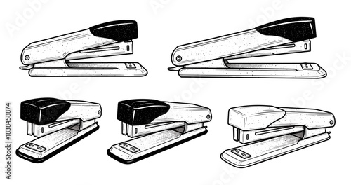 Set of five vintage staplers in black and white line art design