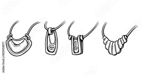 Set of four hand-drawn necklace designs in black and white