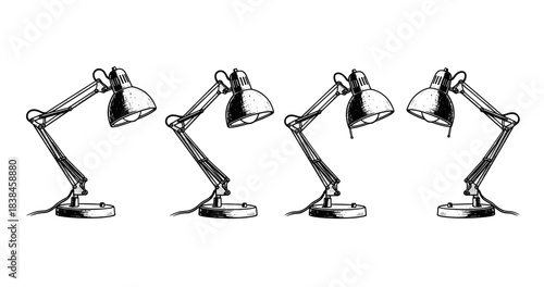 Set of four adjustable desk lamps in sketch style with vintage charm
