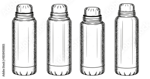 Hand-drawn vector illustration of four identical bottles in black and white