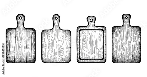 Vintage wooden cutting boards set with textured surface illustrations