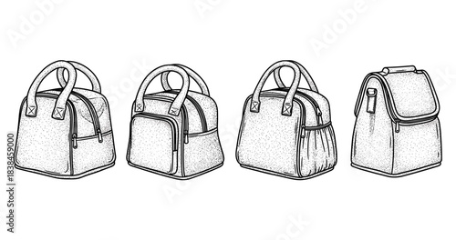 Set of four detailed hand-drawn backpack and handbag illustrations in black and white