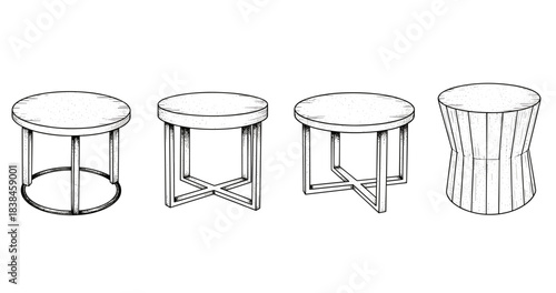Set of four distinct round wooden stools with various leg designs