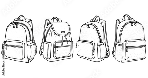 Set of four black-and-white backpack designs with different styles and features