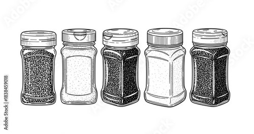 Variety of spice jars: black and white sketch of five seasoning containers