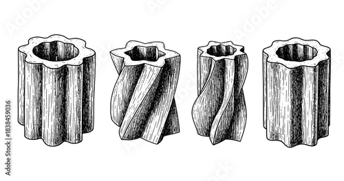 Engraved illustrations of diverse ridged pasta varieties in black and white