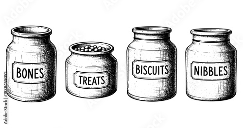 Hand-drawn jars for bones, treats, biscuits, and nibbles in vintage style