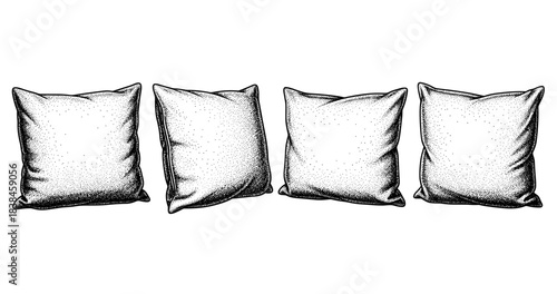 Set of four black and white textured throw pillows in ink sketch style