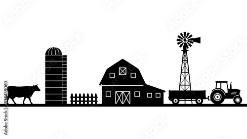 Black silhouette of a traditional farm scene with a cow, silo, barn, windmill, and tractor with trailer.