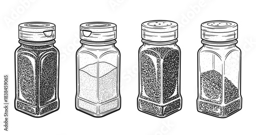 Illustrative set of spice shakers with detailed patterns in black and white