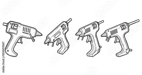 Set of four hot glue guns illustrated in detailed line art style