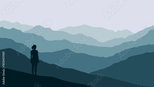 A minimalist illustration of a lone figure standing on a hill, gazing at a serene, layered mountain landscape in shades of blue and grey.