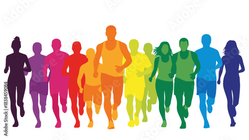 A vibrant group of diverse people running together in a colorful marathon or community race, symbolizing unity and activity.